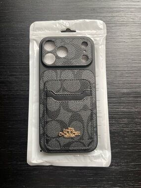 Coach Black Signature Leather Card Pocket Phone Case with Gold Logo